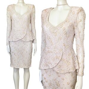 Vintage 80s Ivory Lace Pearl Beaded Sequin Peplum Dress XS Bridal Off White NWT